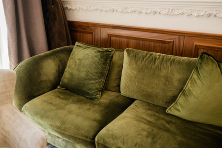 Green velvet sofa in classic interior setting. Soft upholstery and wood-paneled wall create a refined, cozy atmosphere for stylish relaxation.の写真素材