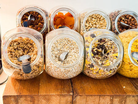 lass jars filled with cereals, granola, oats, dried fruits and nuts on a wooden buffet table....