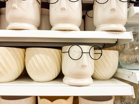 White ceramic pots with face design and glasses. Humor, creativity, and modern decoration for stylish interiors.の写真素材