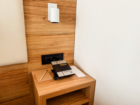 Bedside table with telephone, lamp, and notepad in hotel room. Communication, service, and...