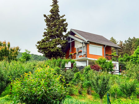 Country house surrounded by garden trees and fresh greenery in a peaceful environment. Rural lifestyle, sustainability, and connection to nature reflected through architecture and landscape.の写真素材