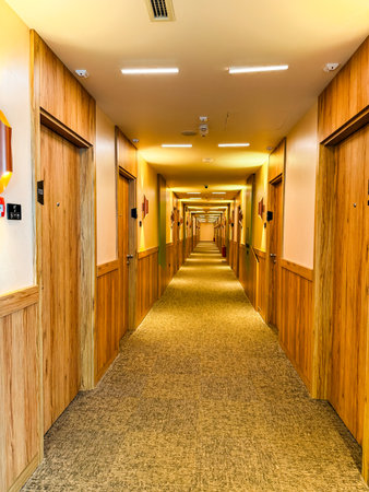 Long hotel hallway with aligned wooden doors and illuminated ceiling lights creating perspective view. Hospitality, travel, and architecture symbolizing interior design, order, and modern facility.の写真素材