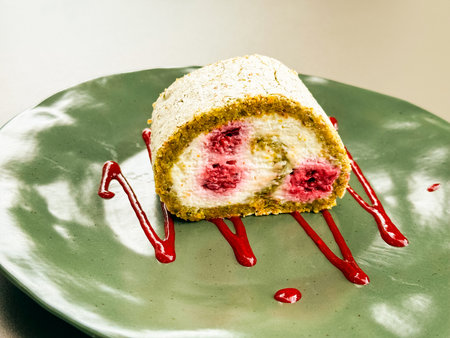 Slice of raspberry cream roll cake with powdered crust served on a green plate. Sweet dessert, gourmet treat and cafe indulgence.の写真素材