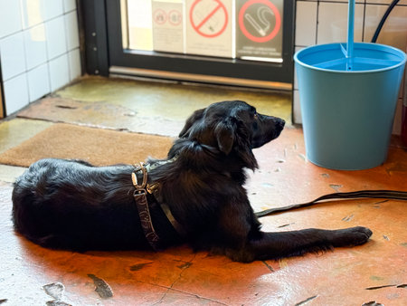 Dog lying on floor near cafe entrance. Relaxation, patience, and companionship in indoor urban lifestyle setting.の写真素材