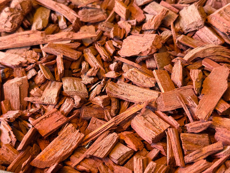 Red wood chips arranged as mulch creating a rough surface texture for landscaping and decoration. Organic recycling, natural material and environmental resource for gardening and ecological design.の写真素材