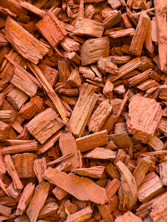 Red wood chips arranged as mulch creating a rough surface texture for landscaping and decoration. Organic recycling, natural material and environmental resource for gardening and ecological design.の写真素材