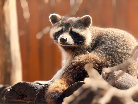 Raccoon resting on a tree trunk in the zoo. Wildlife, curiosity, and adaptability of mammals in natural and captive habitats.の写真素材