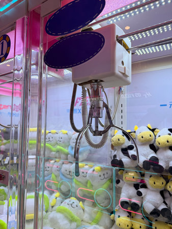 Plush toys in claw machine waiting for players. Entertainment, competition, and playful leisure in arcade settings.の写真素材