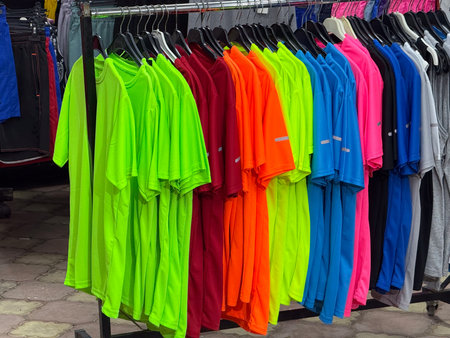 Bright colorful t shirts arranged on hangers in outdoor market display. Casual style, summer fashion and affordable clothing symbolizing lifestyle, comfort, and seasonal trends.の写真素材