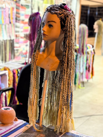 Braided mannequin head with colorful yarn and beads displayed on a chair. Fashion, hairstyle and cultural creativity as a symbol of craft, decoration and artistic self-expression.の写真素材