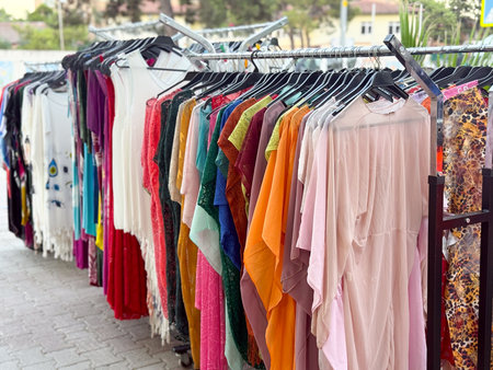 Clothing rack with colorful dresses displayed in street market. Retail, shopping, and fashion concept in outdoor urban commerce environment.の写真素材