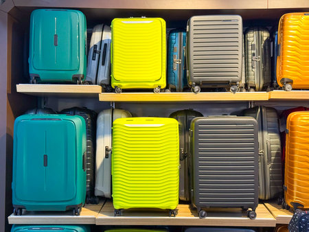 Colorful suitcases standing in store. Travel luggage, transport gear and tourism accessory for journey, vacation and modern storage with mobility and choice.の写真素材