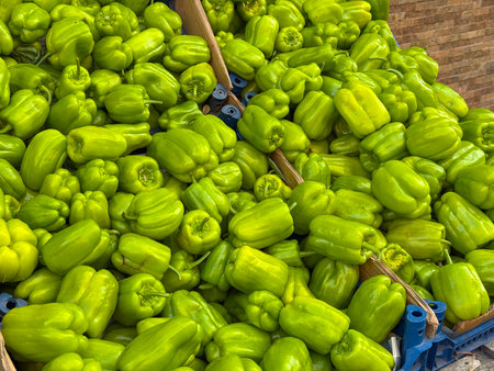 Pile of fresh green peppers displayed on outdoor market stall. Agriculture, farming, and seasonal vegetable harvest with natural healthy nutrition.の写真素材