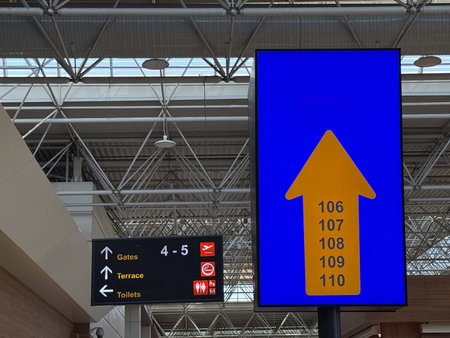 Airport direction signs for boarding gates and facilities. Navigation, travel guidance and passenger services in transport hub.の写真素材
