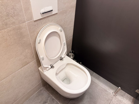 Modern toilet with open lid in tiled bathroom interior. Sanitation, hygiene, and cleanliness representing household utility, facility, and essential daily usage.の写真素材