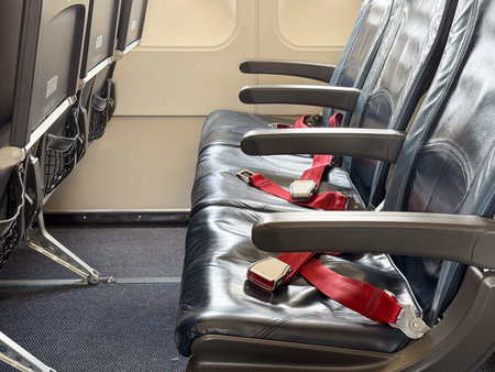 Row of airplane seats with red seat belts fastened in cabin. Aviation, safety, and travel representing passenger journey, discipline, and flight preparation.の写真素材