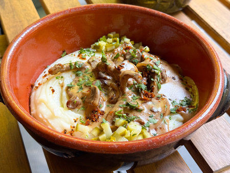 Traditional meat with mashed potatoes served in a clay bowl. Comfort, taste, and cultural richness of homemade cuisine.の写真素材