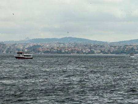 Ferry sailing across Bosphorus with city skyline in background. Transportation, urban lifestyle, and maritime travel in Istanbul.の写真素材