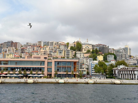 Colorful hillside cityscape of Istanbul with historic mosque. Urban lifestyle, architecture, and cultural identity.の写真素材
