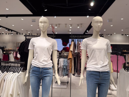 Two mannequins in white shirts and jeans stand in a clothing retail store display. Fashion commerce, lifestyle, consumer demand and clothing trade in contemporary urban shopping culture.の写真素材