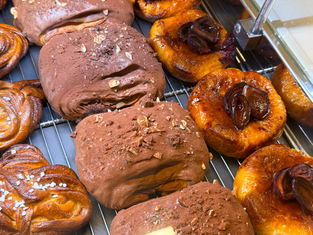 Pastries covered with chocolate and caramelized fruits on shelf. Confectionery art representing...