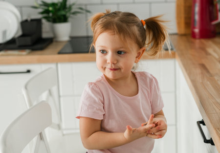 Little girl smiling softly in a bright kitchen interior. Childhood innocence, emotional warmth, and the beauty of daily family life in a peaceful domestic atmosphere.の写真素材