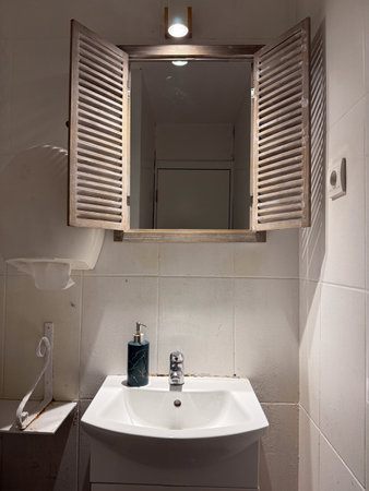 Bathroom sink with mirror and soap dispenser under warm light. Simple interior detail, daily...