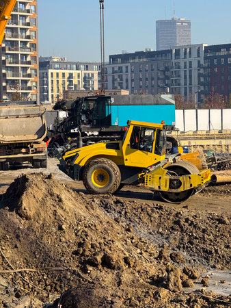 Yellow soil roller at construction site with high-rise buildings in background. Urban development,...