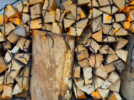 Stacked firewood decorated with warm string lights for Christmas season. Rustic winter background,...