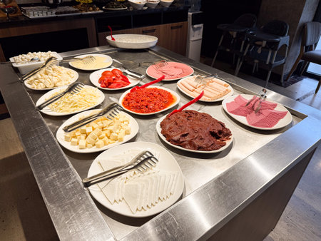 Hotel breakfast buffet with cheese, cold cuts, and spreads on stainless counter. Self service dining, food variety, hospitality experience, and morning meal selection in modern restaurant interior.の写真素材
