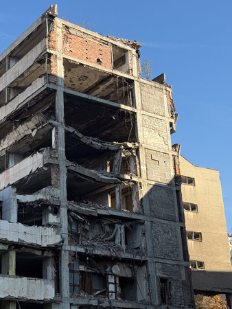 BELGRADE, SERBIA - NOVEMBER 14, 2025: Former building of the Yugoslav Ministry of Defense and the General Staff in Belgrade, Serbia. The building was damaged during the bombing by NATO troops.のeditorial素材