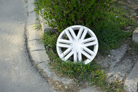 White hubcap discarded beside a curb near roadside greenery. Waste, neglect, abandonment, urban...