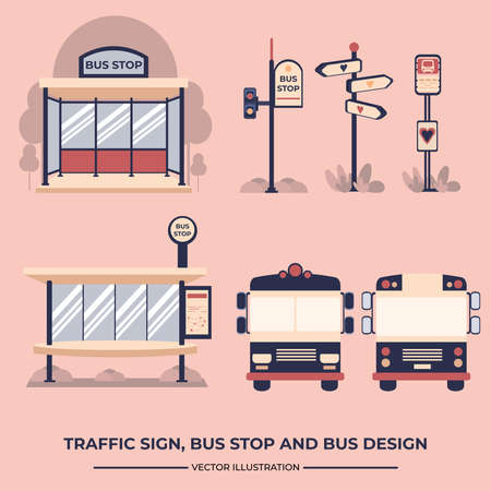 Traffic light, traffic sign, bus stop and bus design vector illustrationのイラスト素材