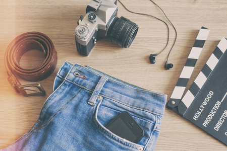 Men's casual outfits on wood board backgroundの写真素材