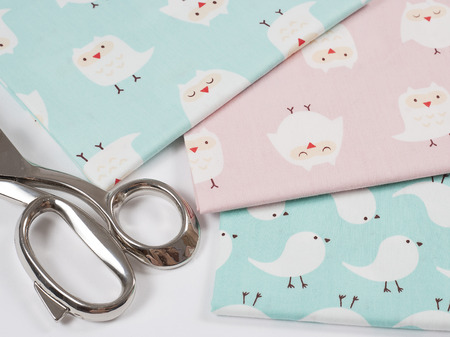 Colorful cotton fabric, meter and scissorの写真素材