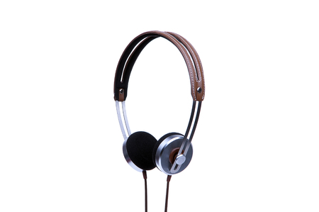 Silver headphones with cable isolated on white background.の写真素材