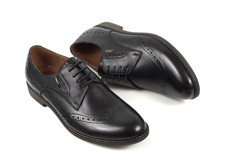 Classic black leather mens shoes with laces isolated on white background top viewの写真素材