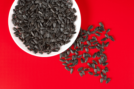 Black sunflower seeds on a red background. Top viewの写真素材