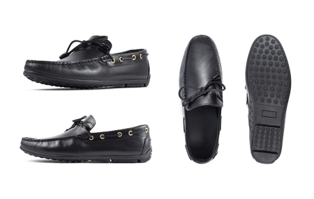 Men's black moccasins, loafers isolated white background. Side view, top view and soleの写真素材