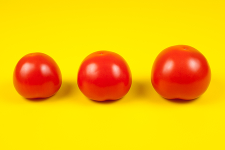 Beautiful fresh tomatoes isolated on yellow background.の写真素材