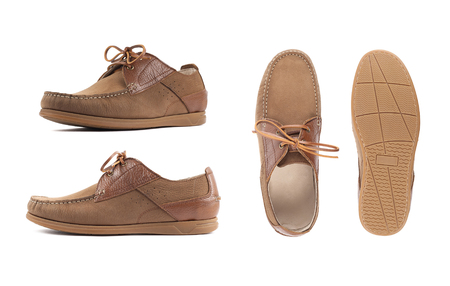 Men's brown moccasins, loafers isolated white background. Side view, top view and soleの写真素材