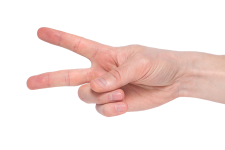 Man showing number two on white backgroundの写真素材