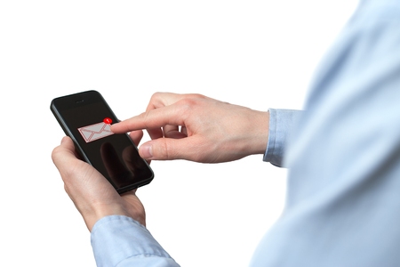 Businessman hand holding smart phone with icon mobile phone, mail, telephone and address. Man's Hand holding a smartphone. A new message received on mobile phoneの写真素材
