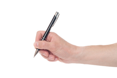 Hand holding black pen isolated on white background.の写真素材