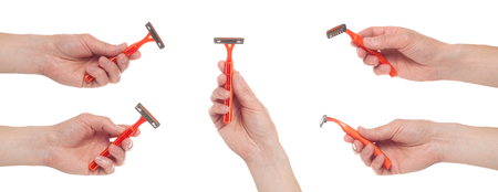 Hand holding shaving razor isolated on white background. Set of multiple images.の写真素材