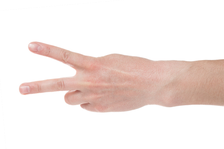 Man showing number two on white background, closeup.の写真素材
