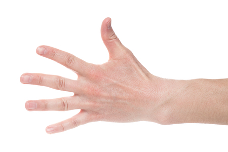 Man showing number five on white background, closeup.の写真素材
