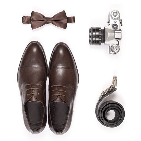 Top view of essentials for modern person. Men accessories isolated on white background.の写真素材