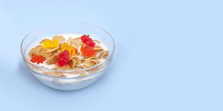 Cereals and fruit diet and breakfast on blue background