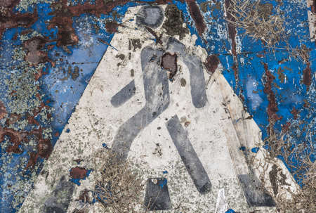 Pedestrian crossing, old road sign. Pedestrian cross warning traffic sign in blueの写真素材